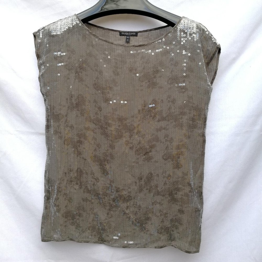 Eileen Fisher 100% Silk Sequin Top Silver Gray Sheer